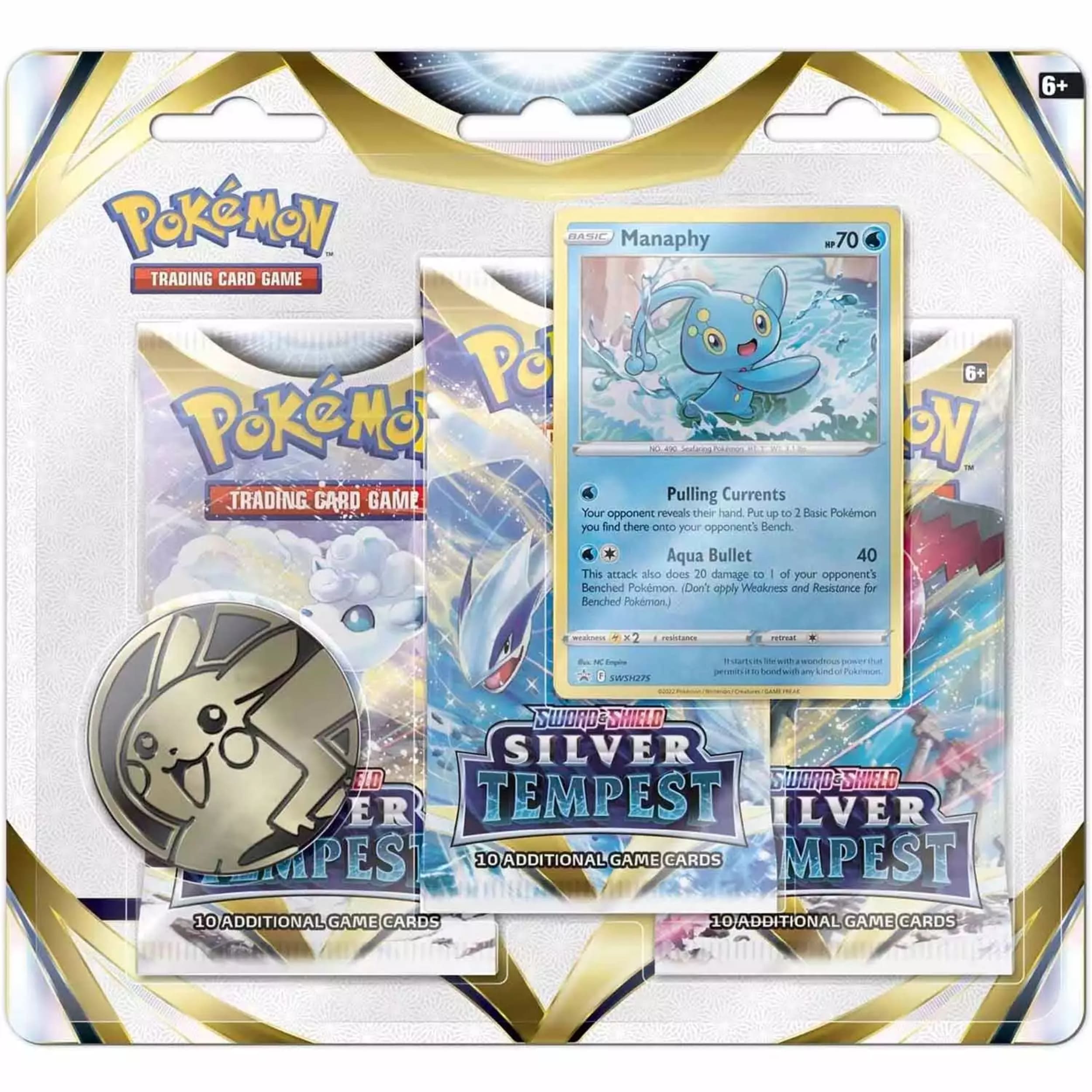 Pokémon Sword &amp; Shield Silver Tempest 3 Pack Blister Manaphy (English)